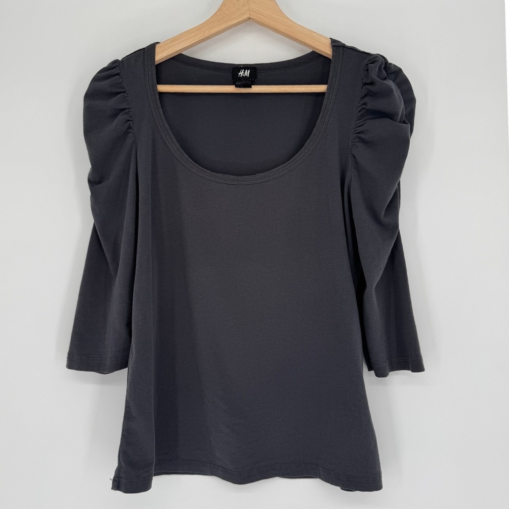 H&M Puff Sleeve Top Charcoal Grey Cotton Blend Scoop Neck Womens M Minimalist